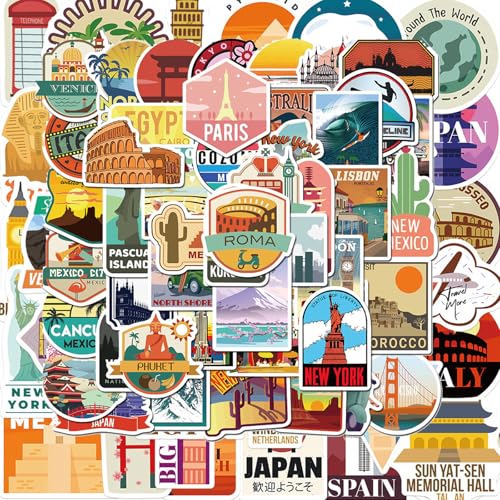 100 Pcs World Travel Stickers Set Cityscape Aesthetic Travel Map Sticker Vinyl Waterproof Stickrs for Water Bottles Laptops Bike Car Motorcycle Skateboard - style: Travel