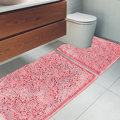 Bathroom Rugs Chenille Bath mat 2 Piece Set, Super Absorbent, Strong PVC Non Slip Backing, Bath mats for Bathroom, Plush Shaggy, Thick, Machine Washable, Bathtub, Shower, Toilet.(Pink) - color: Pink, size: 20''×20''U-Shape+20''×32''