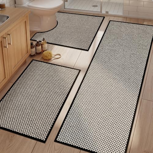 YIHOUSE Thin Bath Mat Black Bathroom Rugs Sets 3 Pieces, Non Slip Absorbent Bath Mats Quick Dry, Woven Braided Rugs Washable,Tapetes para Baño for Bathroom,Bathtub(17.5"x24"U+17"x24"+17"x47") - color: Black, size: 3Pieces(17.5"x24"U+17"x24"+17"x47")