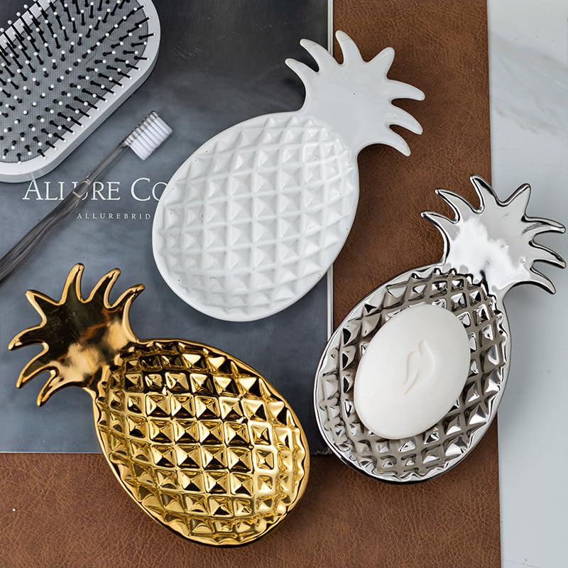 Chic Soap Dish, Pineapple Shape, Fluted Design, Decorative Ceramic Tray(Silver) - color: Silver