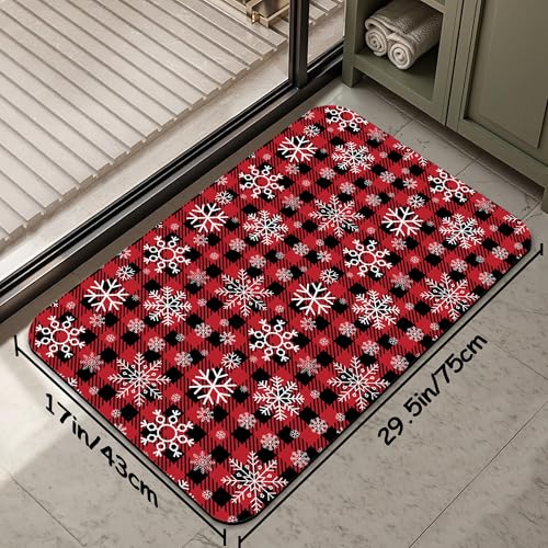 Christmas Plaid Snowflakes Bathroom Mat, Non-Slip Rubber Backing Thin Low-Profile Bath Rug, Easy-Clean Bathroom Floor Mat for Shower, Bathtub, Kitchen, or Entryway - color: Christmas Plaid Snowflakes