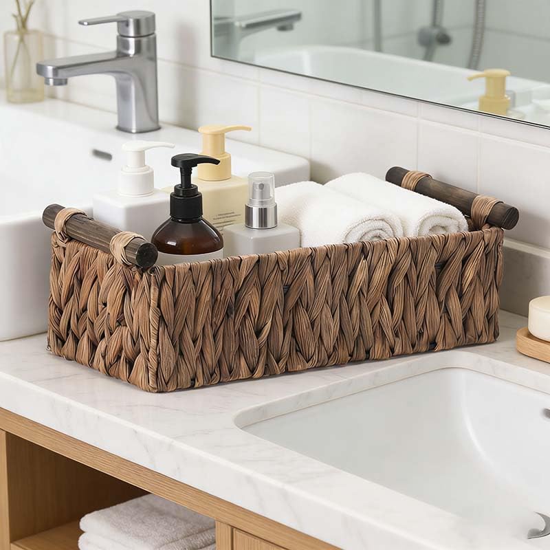 Water Hyacinth Toilet Tank Basket – Wicker Toilet Paper Storage Basket for Back of Toilet, Bathroom Counter Organizer with Wooden Handles, Brown - color: Brown