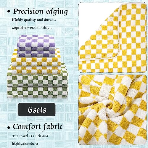 Kinlop 6 Pcs Checkered Bath Towels Set Back to School Lightweight Coral Washcloth Quick Dry Patterned Thin Coral Fleece Hand Towel for Bathroom Gym Spa Beach Accessory(Green, Yellow, Purple,Checkered) - color: Green, Yellow, Purple, style: Checkered