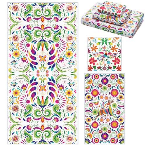 Moukeren Set of 3 Mexican Bath Towels Dia De Los Muertos Decorations Mexican Themed Bath Towel Hand Towel and Washcloth Soft Absorbent Decorative Towels for Bathroom Kitchen Hotel Gym Spa - style: Mexican