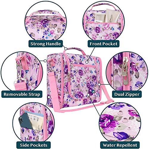 PAVILIA Extra Large Toiletry Bag Travel Bag for Women Men, Hanging Cosmetic Organizer, Water Resistant Makeup Bag for Accessories Toiletries, Travel Essentials Kit (Floral Pink) - color: Floral Purple, size: Extra Large (12x6x12.5)