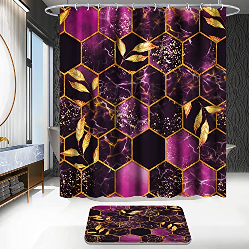 Poedist 4 Pcs Bathroom Shower Curtain Set,Purple Honeycomb Marble Bathroom Sets with Rugs(Bath Mat,U Shape and Toilet Lid Cover Mat) and 12 Durable Hooks - color: Purple