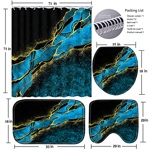 Poedist 4 Pcs Gold Edge Marble Bathroom Shower Curtain Set, Bathroom Sets with Shower Curtain and Rugs(Bath Mat,U Shape and Toilet Lid Cover Mat) and 12 Hooks-Sky Blue - color: Blue Yellow