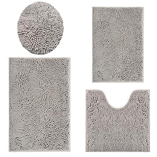 Bathroom Rugs Sets 4 Piece, Extra Soft Absorbent Chenille Bath Rugs, Non Slip Rubber Backing Machine Washable Quick Dry Bath Mats for Bathroom Floor, Tub, Shower, Home Decor Accessories, Light Grey - color: Light Gray