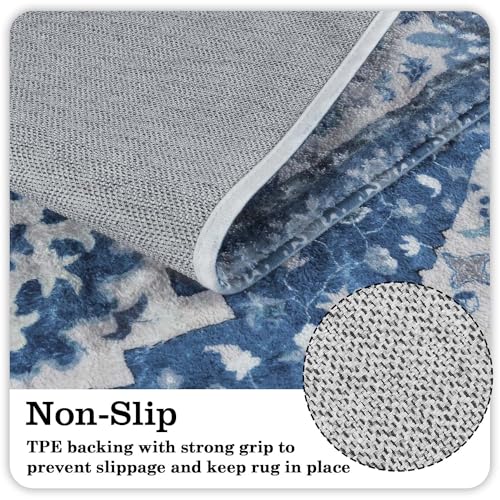 Uphome Boho Vintage Large Bathroom Rugs Blue Non-Slip Soft Hallway Runner Traditional Tribal Machine Washable Bedroom Rug Oriental Floral Aesthetic Floor Mat for Entryway Kitchen Laundry, 24x71 inch - color: Blue, size: 24x71 inch