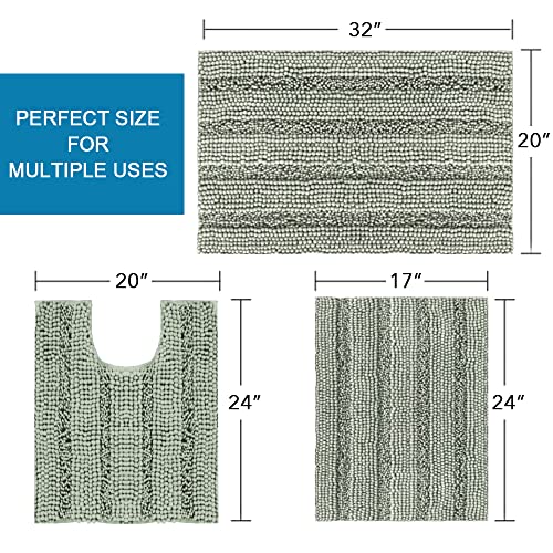 H.VERSAILTEX 3 Piece Bathroom Rugs Sets Thick Striped Bath Rugs Set for Bathroom Non Slip Soft Absorbent Bath Mat Set for Tub, Shower and Toilet(17''x24''+20''x32''+20''x24'' U-Shaped, Sage) - color: Sage