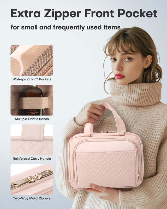HOTOR Hanging Travel Toiletry Bag Women Men, Pale Pink, Medium | Waterproof Makeup Bag Hanging Hook,Multiple Pockets,Travel Essentials,11.2 x 3.2 x 8.9inches - color: Pale Pink, size: Medium