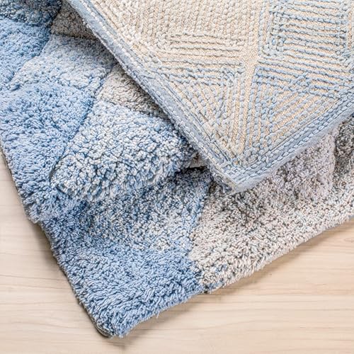 THE BEER VALLEY Set of 2 Albany Bath Rug 21x32/17x24 Inch - Blue | Non Slip Cotton Absorbent Bathmat for Bathroom, Washable Soft Toilet Bathrug - color: Blue Combo