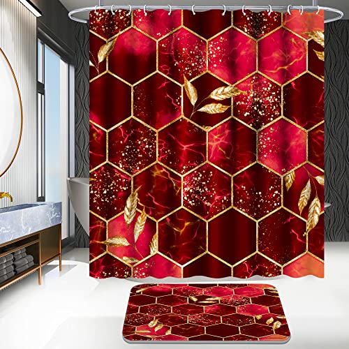 Poedist 4 Pcs Bathroom Shower Curtain Set,Red Honeycomb Marble Bathroom Sets with Rugs(Bath Mat,U Shape and Toilet Lid Cover Mat) and 12 Durable Hooks - color: Red