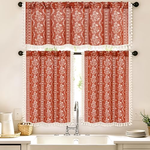 Yinhua Boho Kitchen Curtains and Valances Set Vintage Linen Terracotta Cafe Curtains Light Filtering Rod Pocket Valance Burnt Orange Farmhouse Rustic Tassel Tier and Valance, 52"W X 18"L+26"W x 36"L - color: Terracotta, size: 52"W x 36"L (Pack of 3)