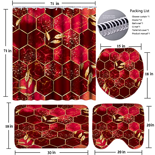 Poedist 4 Pcs Bathroom Shower Curtain Set,Red Honeycomb Marble Bathroom Sets with Rugs(Bath Mat,U Shape and Toilet Lid Cover Mat) and 12 Durable Hooks - color: Red