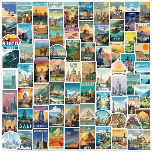 100 Pcs World Travel Stickers Set Cityscape Aesthetic Travel Map Sticker Vinyl Waterproof Stickrs for Water Bottles Suitcase Laptops Journaling Travel - style: City