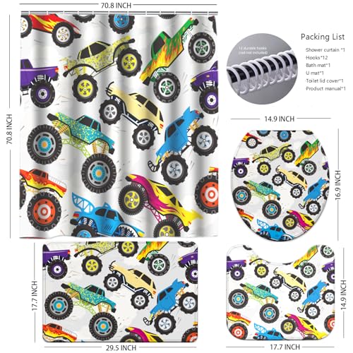 Boys Bathroom Monster Truck Shower Curtain Sets 4 Piece, Colorful Bathroom Set with Shower Curtain and Rugs Waterproof Kids Monster Vehicle Sports Hot Wheel Car Toilet Restroom Bath Home Decorations - color: Trucks