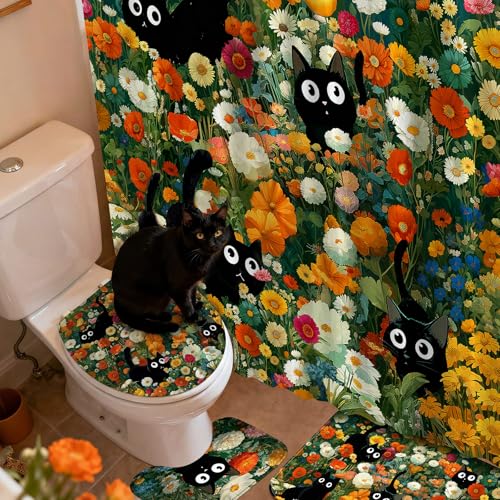 Tatuo 8 Pcs Black Cat Themed Shower Curtain Sets for Bathroom Cute Floral Aesthetic Bathroom Accessories Retro Cat Lover Gifts Shower Curtain Sets with Towels Carpet Bath Mat Toilet Rugs and 12 Hooks - style: Black Cat