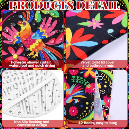 FuWeave 8 Pcs Mexico Floral Shower Curtain Set for Bathroom Decor Include Mexican Folk Art Floral Bird Shower Curtain Towels Non Slip Rugs Toilet Lid Cover Colorful Bohemian Bath Mat and 12 Hooks - color: Mexico Floral