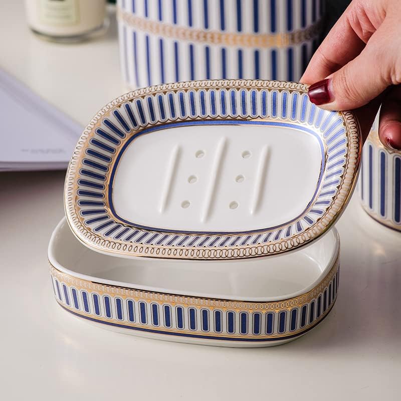 Self Draining Soap Dish, Double-Layer Bar Soap Tray, White Ceramic Soap Dish with Elegant Patterns (Style A) - color: Style a