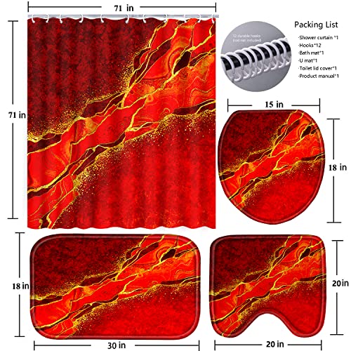 Poedist 4 Pcs Gold Edge Marble Bathroom Shower Curtain Set, Bathroom Sets with Shower Curtain and Rugs(Bath Mat,U Shape and Toilet Lid Cover Mat) and 12 Hooks-Red - color: Red Yellow