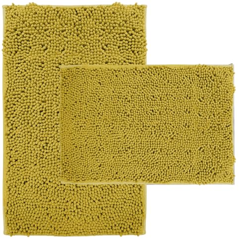 Bathroom Rugs Sets 2 Piece Extra Soft Chenille Bathroom Mats Non Slip Bath Mat Set,Absorbent Shaggy Rugs Perfect Plush Bath Rugs with U-Shaped Toilet Rug,Bathrom Carpets for Bathroom Gold - color: Gold, size: 32"L x 20"W + 24"L x 16"W