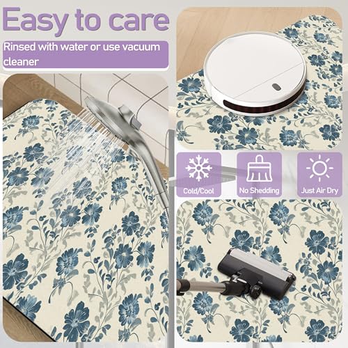 Blue Beige Flowers Bathroom Mat, Non Slip Rubber Backed Fast Dry Bath Rug, Thin Bath Mat for Bathroom Kitchen 17"x30" - color: Blue Beige Flowers