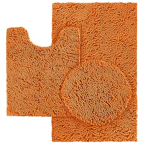 HOMEIDEAS 3 Pieces Orange Bathroom Rugs Set, Ultra Soft Non Slip Bath Rug and Absorbent Bath Mat, Includes U-Shaped Contour Rug, Bath Mat and Toilet Lid Cover, Perfect for Bathroom, Tub - color: Orange, size: 20"x32"+U 20"x24"+Cover 18"x21"