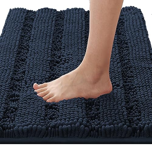 H.VERSAILTEX Bath Rugs for Bathroom Non Slip Bath Mats Extra Thick Chenille Striped Rug 20" x 32" Absorbent Non Skid Fluffy Soft Shaggy Washable Dry Fast Plush Mat for Indoor, Bath Room, Tub - Navy - color: Navy, size: 20" x 32"