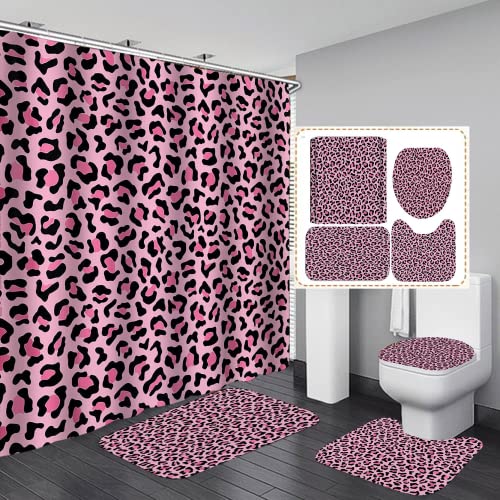 4PCS Pink Leopard Print Shower Curtain Set with Rugs, Toilet Lid Cover and Bath Mat, Shower Curtain with 12 Hooks, Durable Shower Curtain for Bathroom Set - color: Pink Leopard