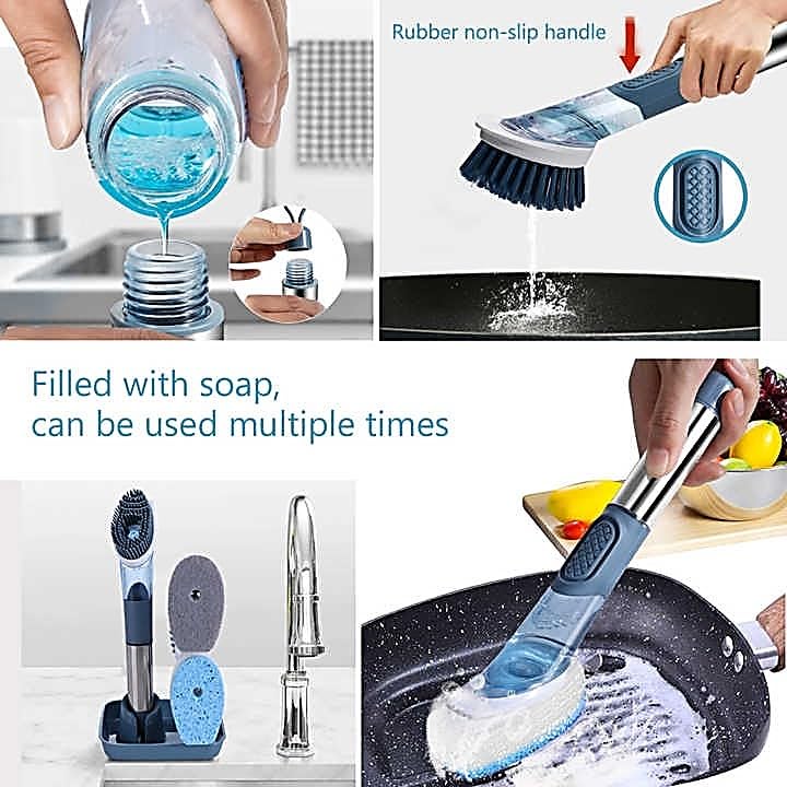Soap-Dispensing Dish Washing Brush Set – Includes 4 Replaceable Heads & Stylish Storage Stand – Effortless Scrubbing for Dishes, Pots, Pans & Sinks