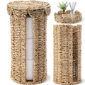 Wicker Toilet Paper Holder with Lid, Woven Paper Roll Holder Boho Rattan Toilet Papers Roll Stand for Bathroom Organizer and Storage Farmhouse Tissue Storage for 3 Mega Rolls (Seagrass)