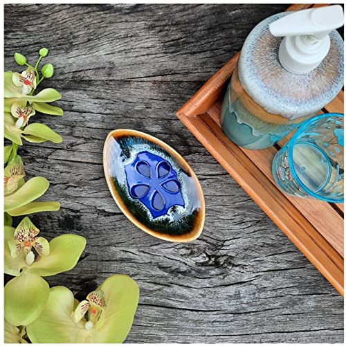 Ceramic Soap Dish with Self Draining Tray for Bar Soap, Bathroom, Kitchen (Blue No.2) - color: Blue No.2