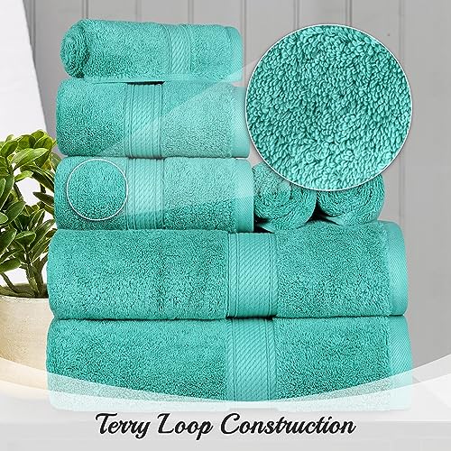 BLUENILEMILLS BNM Madeline Egyptian Cotton Heavyweight Towels, Ideal for Shower, Spa, Hotel, 800 GSM, Face/Washcloths, Hand Towels, Bath Towels, Highly-Absorbent, Luxury, 9 Piece Towel Set, Turquoise - color: Turquoise, size: 9-Piece Towel Set