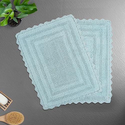 TreeWool 2-Pack Gorjeeus Collection Soft Reversible Bathroom Rug Cotton Bath Mat Set with Crochet Border - Rectangle (19" x 26"; Sky Blue) - color: Sky Blue