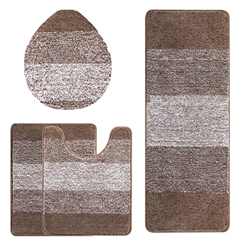 Bsmathom Bathroom Rugs Sets 4 Piece with Toilet Lid Cover, Non-Slip Bathroom Rugs and Mats Sets, Absorbent Bath Rugs Microfiber Shaggy Machine Washable Bath Rug Set, Coffee - color: Coffee, size: 18"x26"+18"x48"+U20"x24"+Cover19"x21"