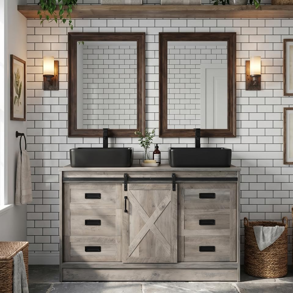 48 inch Barn Door Bathroom Vanity with 6 Drawers, Farmhouse Style Standing Pedestal Cabinet with Two Black Ceramic Vessel Sinks - color: Black Ceramic Sink, size: 48"