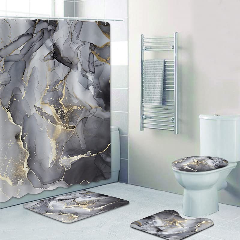 Black Gray Gold Marble Bathroom Sets with Rugs for Bathroom Decor, 72x72 Inches Gold Shower Curtain with Non-Slip Rugs and Accessories, Waterproof Machine Washable Bath Curtain - color: Black Gold Marble