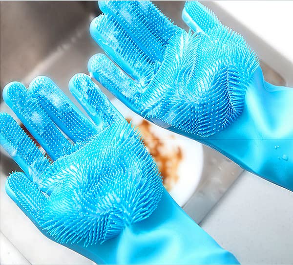 Silicone Dishwashing Gloves, Pet Grooming Rubber Scrubbing for Dishes, Sponge Wash Cleaning with Scrubbers (13.6" L) - color: Green