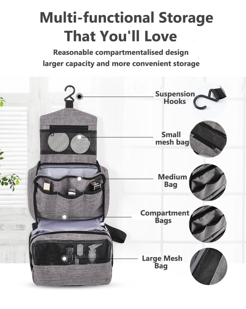 Hanging Toiletry Bag Wash Bag Makeup Cosmetic Organizer for Women or Man,Foldable Compact Size,Super Durable Fabric Hanging Toiletry Bag (Grey) - color: Grey