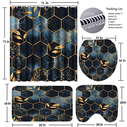 Poedist 4 Pcs Bathroom Shower Curtain Set,Bathroom Sets with Rugs(Bath Mat,U Shape and Toilet Lid Cover Mat) and 12 Hooks,Black and Blue Honeycomb Marble - color: Black Blue