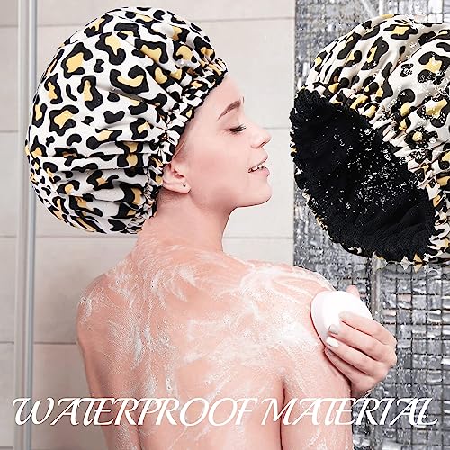 Shower Cap for Women Terry Lined Bath Cap Large Reusable Waterproof Elastic Band Leopard Shower Caps for Long Thick Hair Soft Bath Shower Hair Caps - color: Leopard Print Pattern