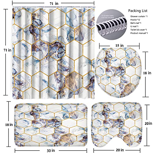 Poedist Shower Curtain Set with Rugs,Bathroom Accessory Set, Including Non-Slip Rugs,Toilet Lid Cover and Bath Mat, Waterproof Shower Curtain with 12 Hooks, Honeycomb Marble - color: White