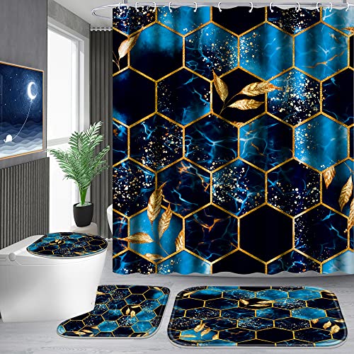 Poedist 4 Pcs Bathroom Shower Curtain Set,Bathroom Sets with Rugs(Bath Mat,U Shape and Toilet Lid Cover Mat) and 12 Hooks,Sky Blue Honeycomb Marble - color: Blue