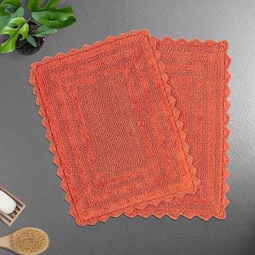 TreeWool 2-Pack Gorjeeus Collection Soft Reversible Bathroom Rug Cotton Bath Mat Set with Crochet Border - Rectangle (19" x 26"; Rust) - color: Rust