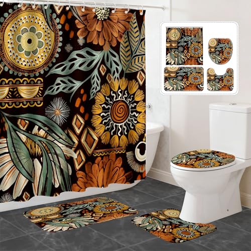 16 Pcs Shower Curtain Set with Rugs Boho and Metal Hooks Bath Mat 120gsm Heavy Weight Fabric Shower Curtains Bathroom Sets Decor Non-Slip Bathroom Rug and Bath Curtain Set 72 x 72 Inch,H-Boho - color: Boho