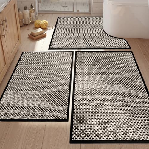 YIHOUSE Thin Bath Mat Black Bathroom Rugs Sets 3 Pieces, Non Slip Absorbent Bath Mats Quick Dry, Woven Braided Rugs Washable, Rubber Tapetes para Baño for Bathroom Toliet,Bathtub - color: Black, size: 3Pieces(17.5"x24"U+17"x24"+17"x32")