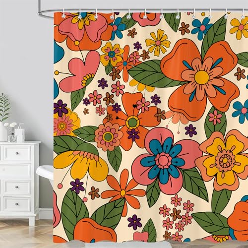 Retro Boho Floral Shower Curtain, Funky Hippy Cute Flowers Colorful Shower Curtains for Bathroom Decor, Waterproof Fabric Bath Curtain 72x72 Inch with 12 Hooks - color: Colorful, size: 72"W x 72"L (Pack of 1)