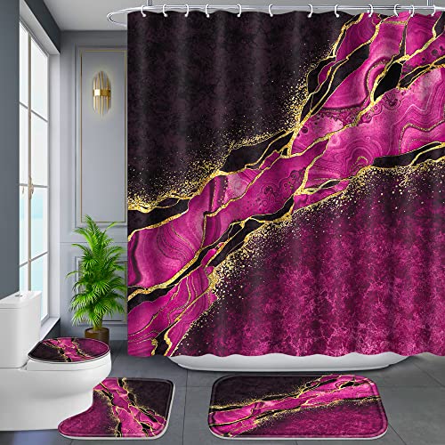 Poedist 4 Pcs Gold Edge Marble Bathroom Shower Curtain Set, Bathroom Sets with Shower Curtain and Rugs(Bath Mat,U Shape and Toilet Lid Cover Mat) and 12 Hooks-Rosy - color: Red Rose
