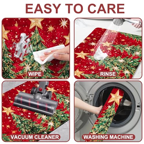 Identiy Christmas Bath Mat, Red Christmas Tree and Stars Bathroom Rug, Soft Super Absorbent Machine Washable Quick Dry and Non-Slip Bathtub Mat for Tub Shower Bathroom Floor 17"x29.5" - color: Red Christmas Tree and Stars